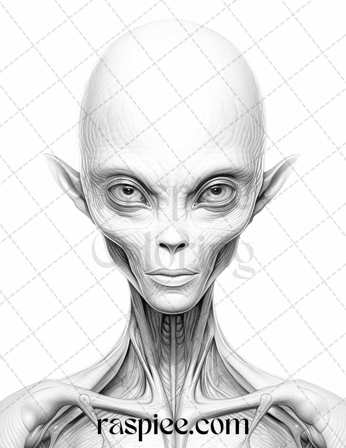 65 Alien Portrait Grayscale Coloring Pages for Adults, Printable PDF File Instant Download