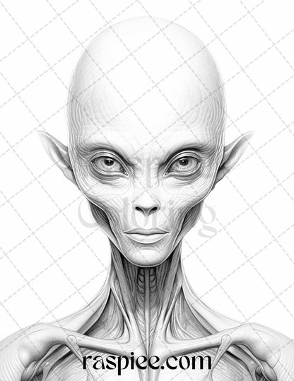 65 Alien Portrait Grayscale Coloring Pages for Adults, Printable PDF File Instant Download