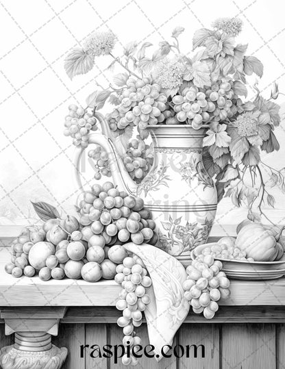 52 Still Life Grayscale Coloring Pages Printable for Adults, PDF File Instant Download