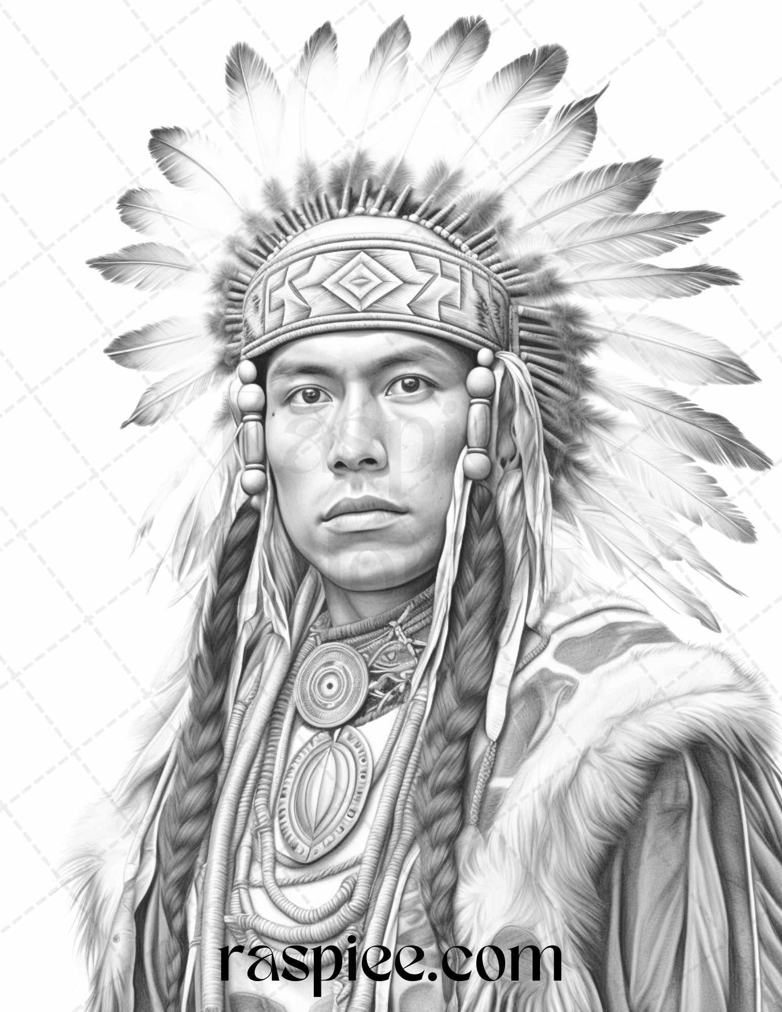 Native American Portrait Grayscale Coloring Pages Printable for Adults, PDF File Instant Download