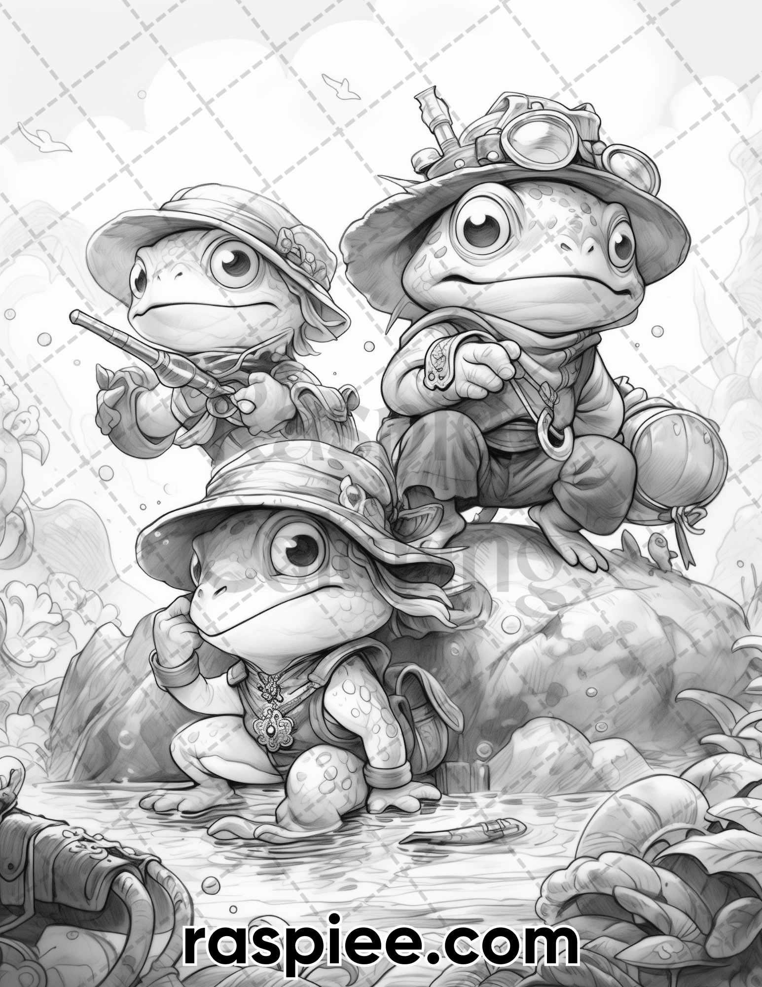 50 The Frog Kingdom Grayscale Coloring Pages for Adults, Printable PDF Instant Download