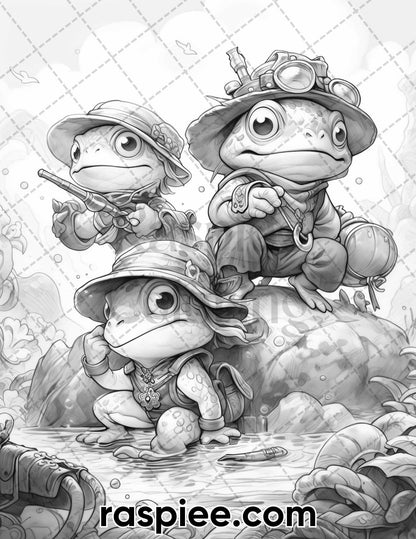 50 The Frog Kingdom Grayscale Coloring Pages for Adults, Printable PDF Instant Download