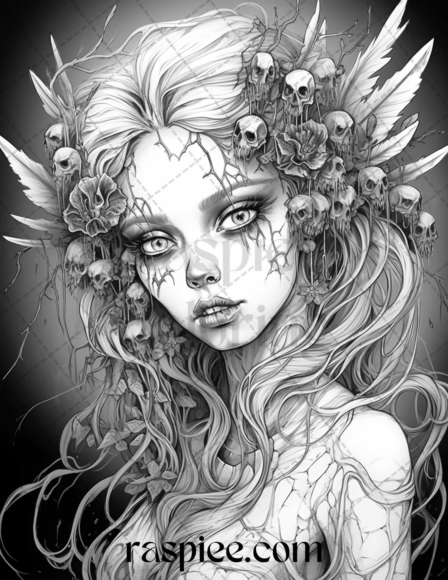 60 Halloween Zombie Fairy Grayscale Coloring Pages Printable for Adults, PDF File Instant Download
