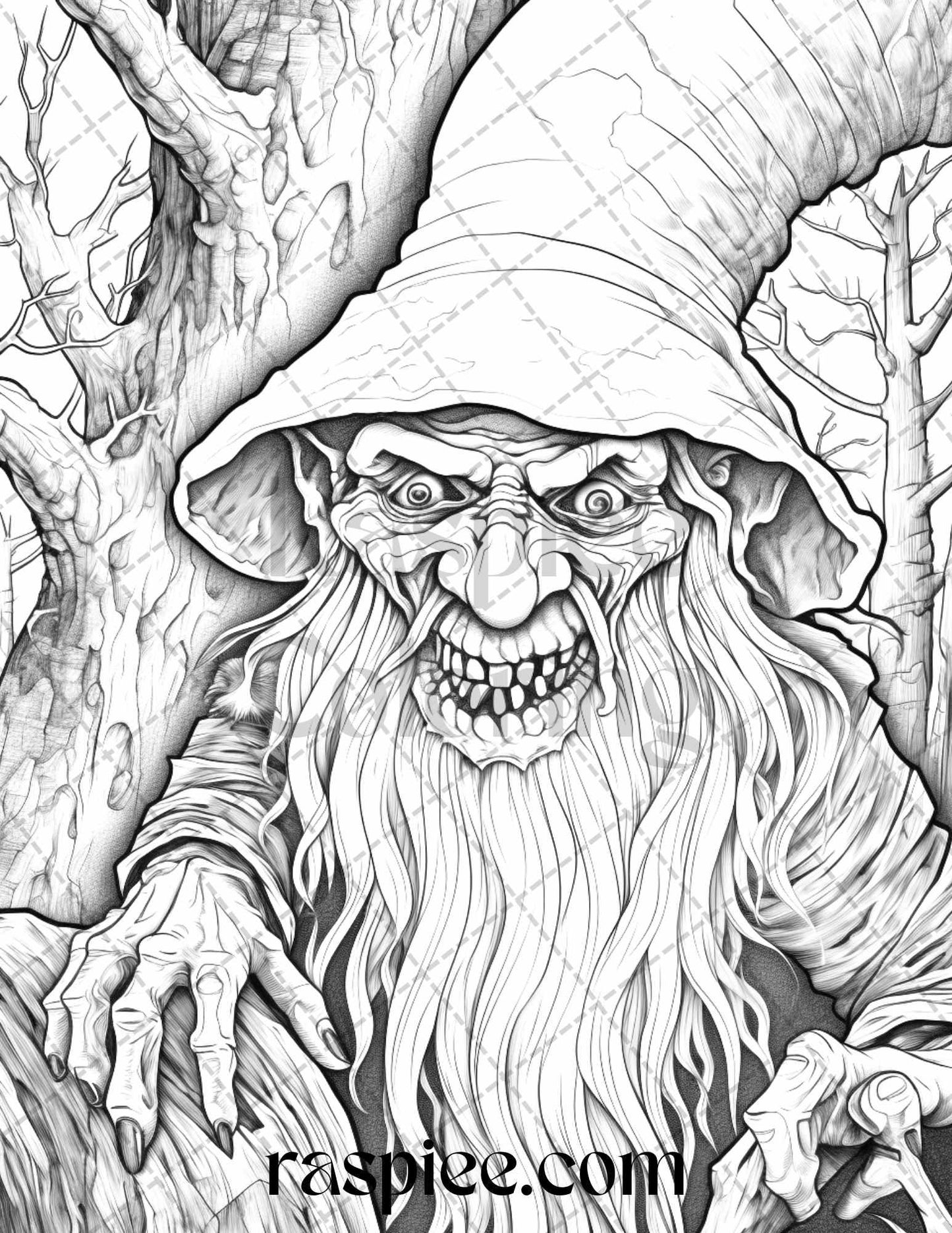 50 Horror Zombie Gnomes Grayscale Coloring Pages Printable for Adults, PDF File Instant Download