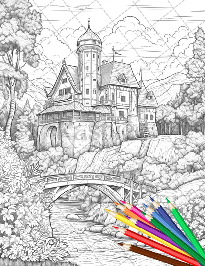 122 Fantasy Castles Coloring Book for Adults, Grayscale Coloring Page, Printable PDF Instant Download