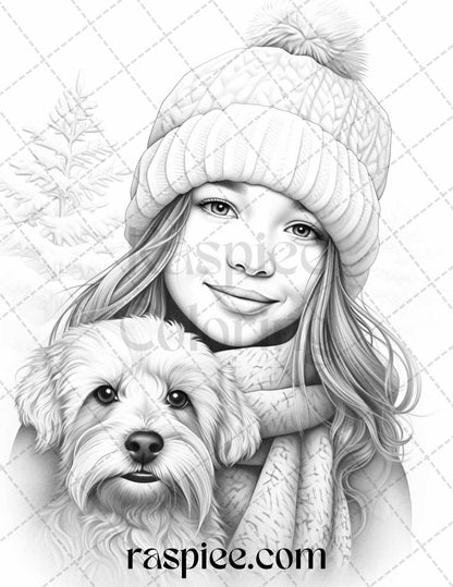 60 Beautiful Winter Girls Grayscale Coloring Pages Printable for Adults, PDF File Instant Download