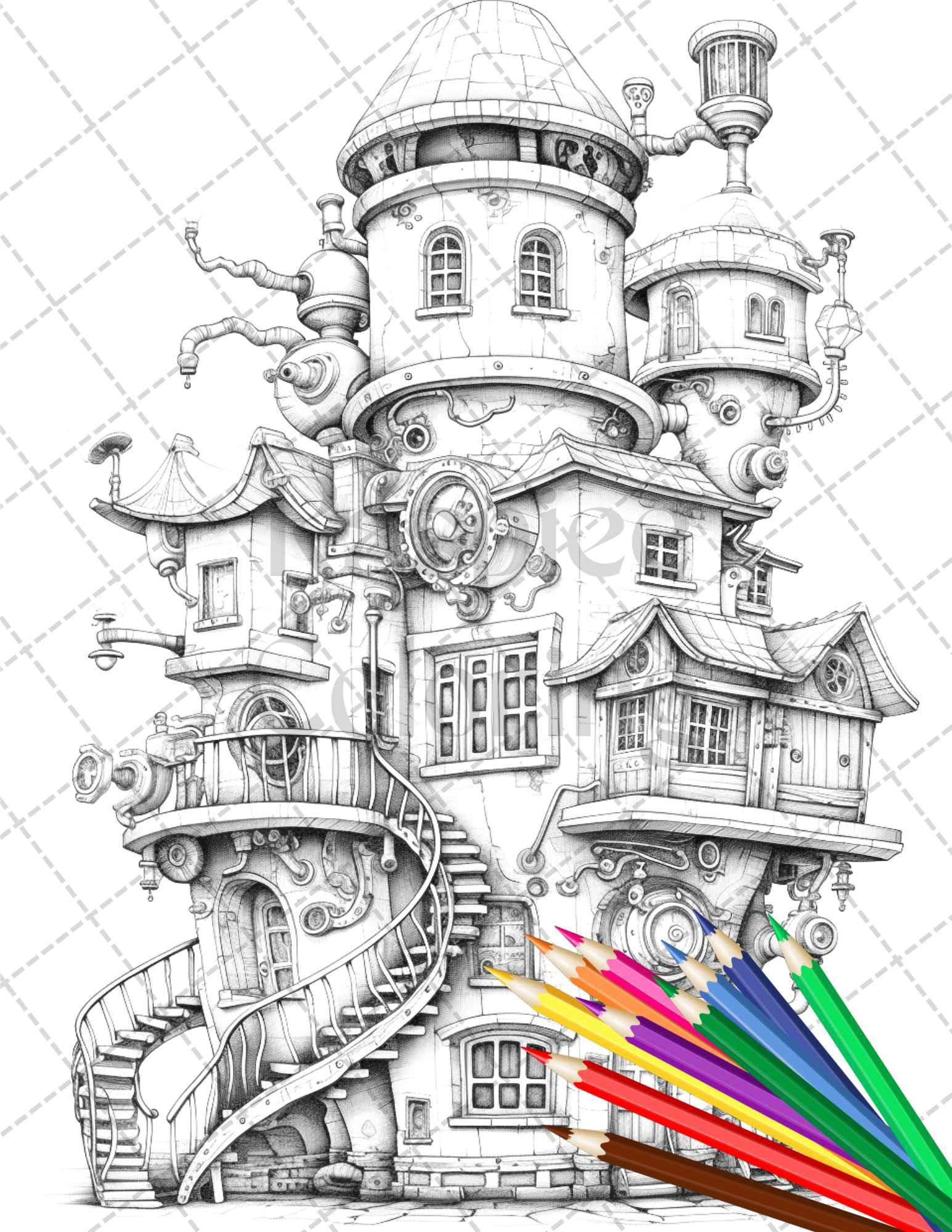 50 Steampunk Houses Grayscale Coloring Pages Printable for Adults, PDF File Instant Download
