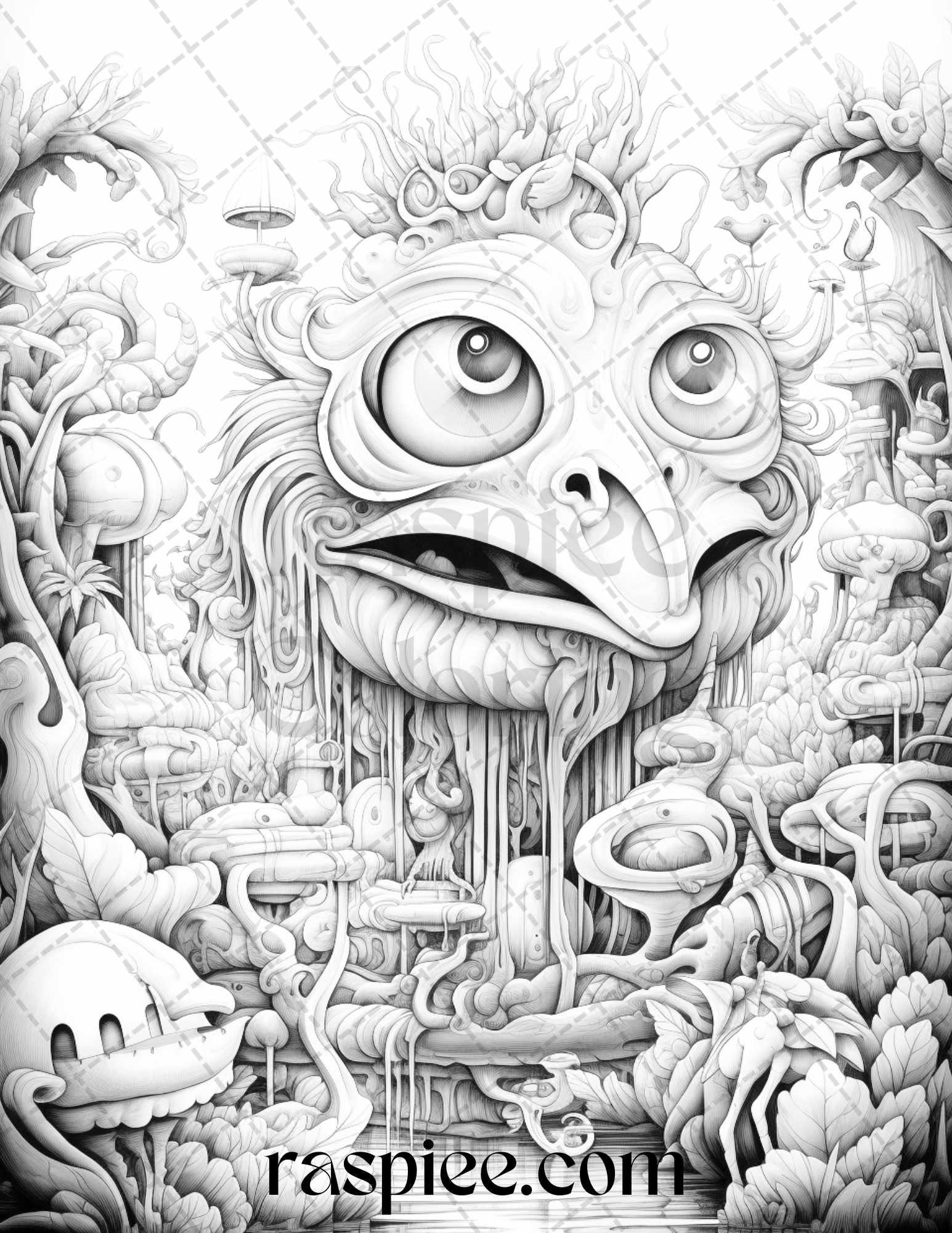 53 Surreal Creatures Grayscale Coloring Pages for Adults, Printable PDF File Instant Download