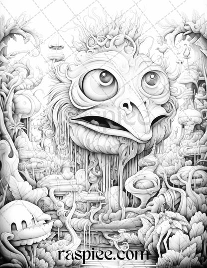 53 Surreal Creatures Grayscale Coloring Pages for Adults, Printable PDF File Instant Download