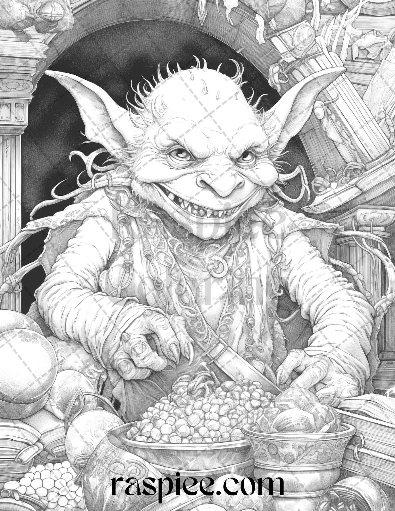 Fantasy Goblins Grayscale Coloring Pages Printable for Adults, PDF File Instant Download