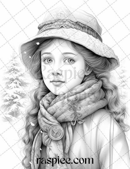 60 Victorian Winter Portrait Grayscale Coloring Pages Printable for Adults, PDF File Instant Download