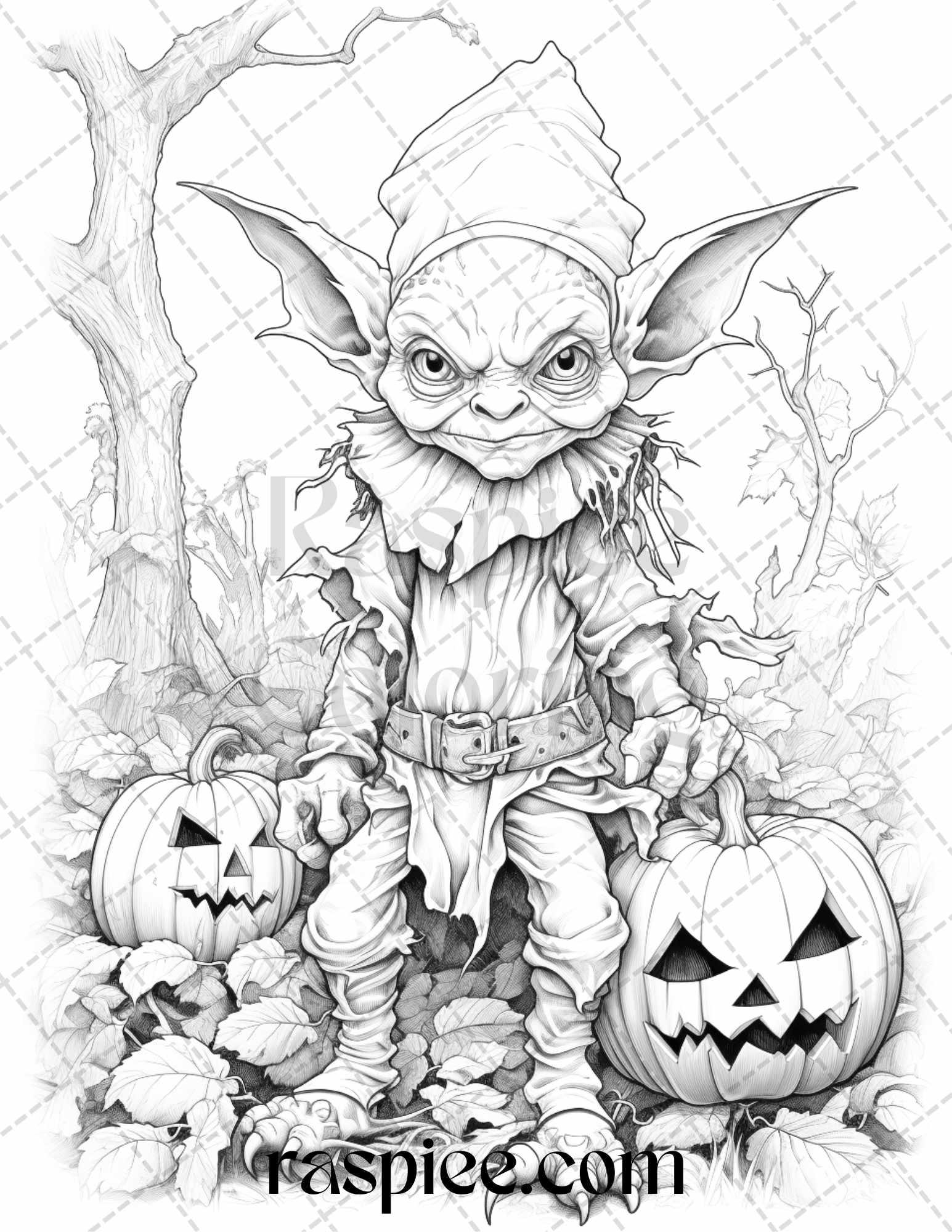50 Halloween Goblin Grayscale Coloring Pages Printable for Adults, PDF File Instant Download
