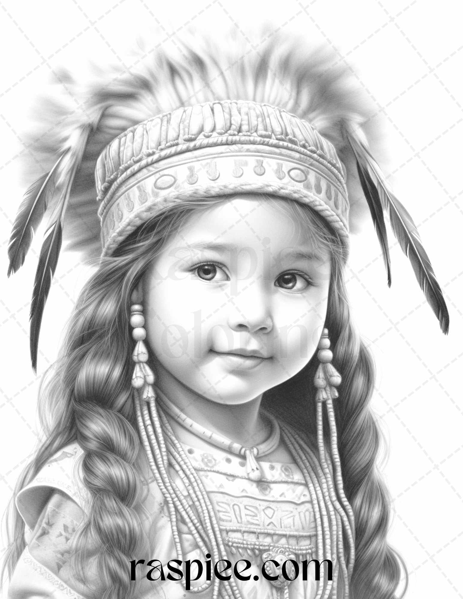 50 Native American Little Girls Boys Grayscale Coloring Pages Printable for Adults Kids, PDF File Instant Download