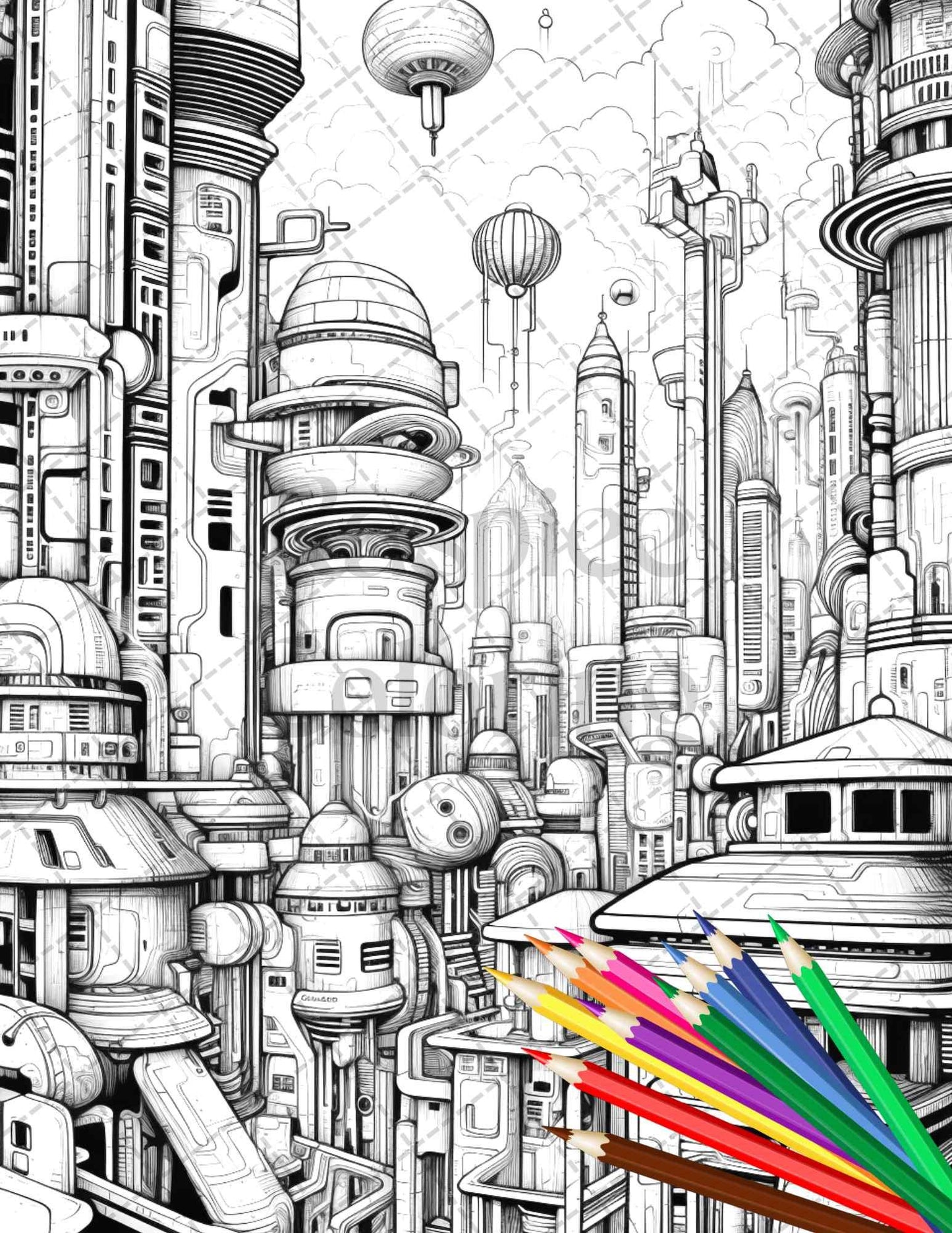 50 Futuristic Metropolis Grayscale Coloring Pages Printable for Adults, PDF File Instant Download