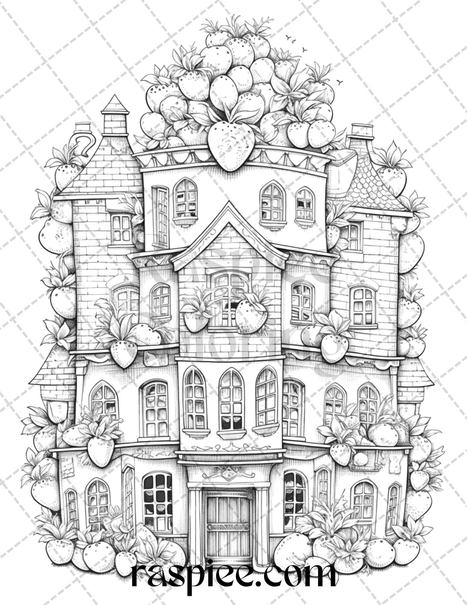 50 Strawberry Houses Grayscale Coloring Pages Printable for Adults Kids, PDF File Instant Download