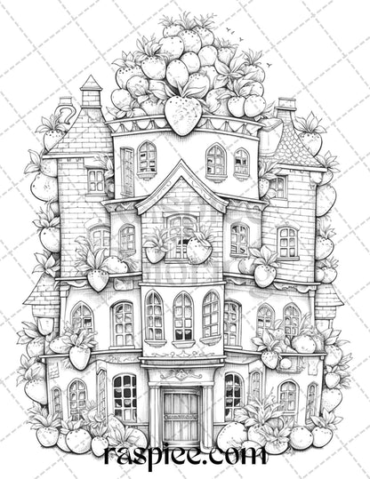 50 Strawberry Houses Grayscale Coloring Pages Printable for Adults Kids, PDF File Instant Download