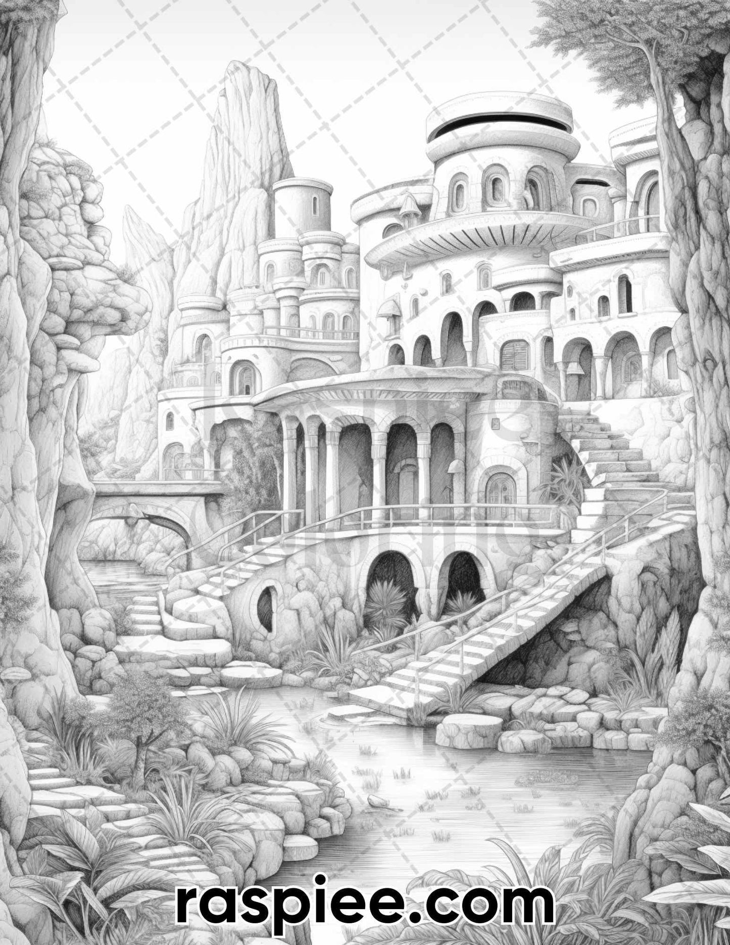 55 Desert Oasis Fairy Homes Grayscale Coloring Pages for Adults, Printable PDF Instant Download