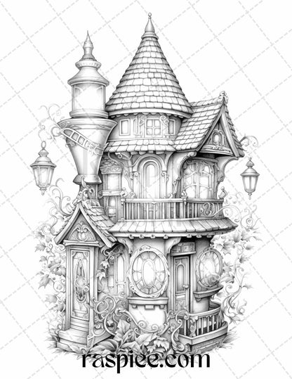 50 Lantern Fairy Houses Grayscale Coloring Pages Printable for Adults, PDF File Instant Download