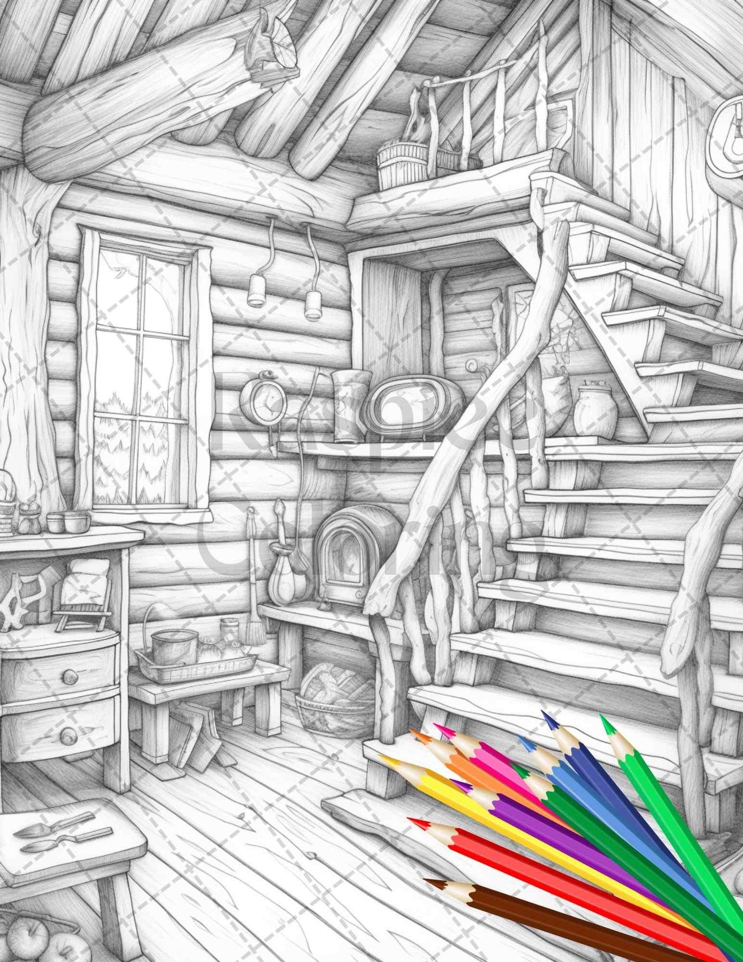 Cozy Cabin Interior Grayscale Coloring Pages Printable for Adults, PDF File Instant Download