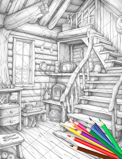 Cozy Cabin Interior Grayscale Coloring Pages Printable for Adults, PDF File Instant Download