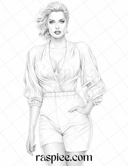 Fashion Show Grayscale Coloring Pages Printable for Adults, PDF File Instant Download