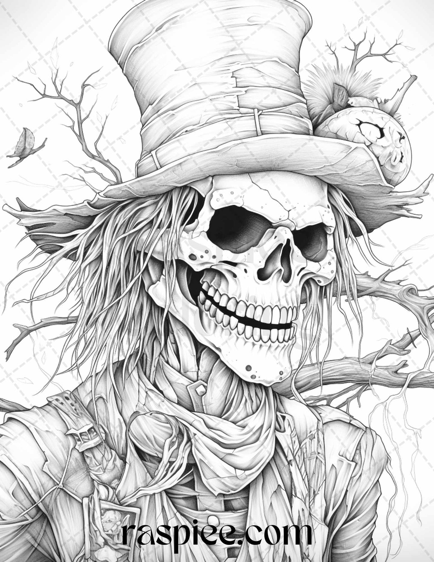 53 Scary Steampunk Scarecrows Grayscale Coloring Pages Printable for Adults, PDF File Instant Download