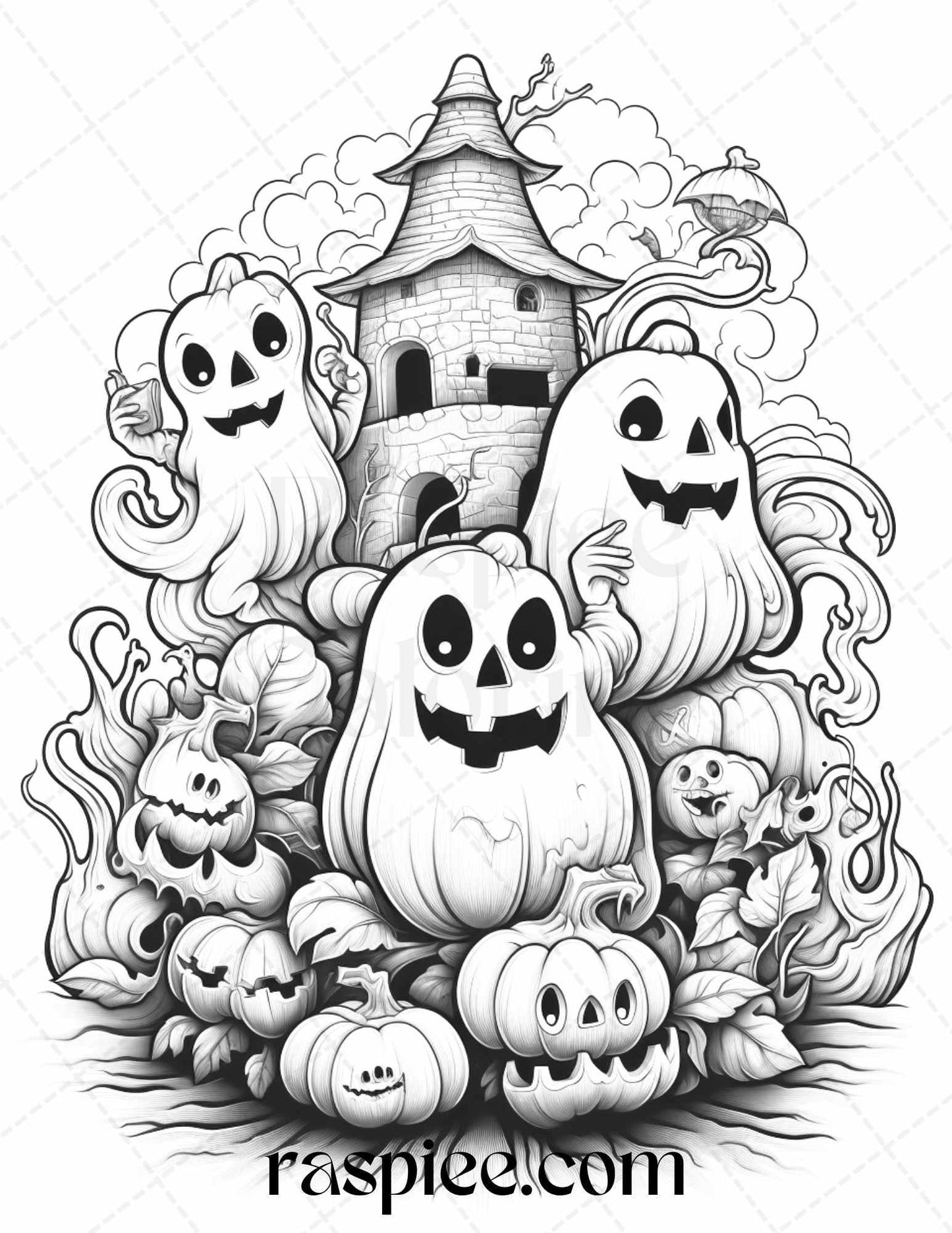50 Halloween Cute Ghosts Grayscale Coloring Printable for Adults Kids, PDF File Instant Download
