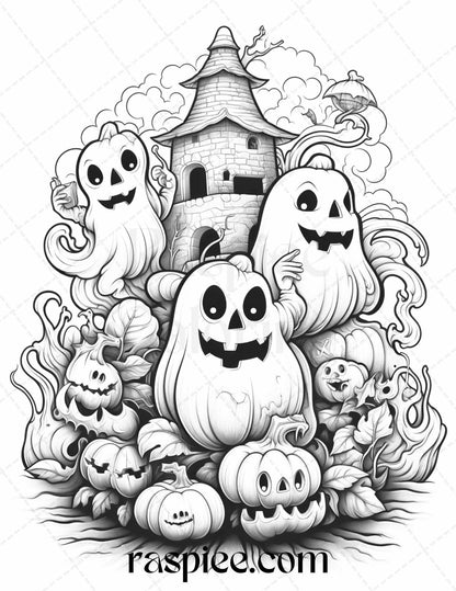 50 Halloween Cute Ghosts Grayscale Coloring Printable for Adults Kids, PDF File Instant Download