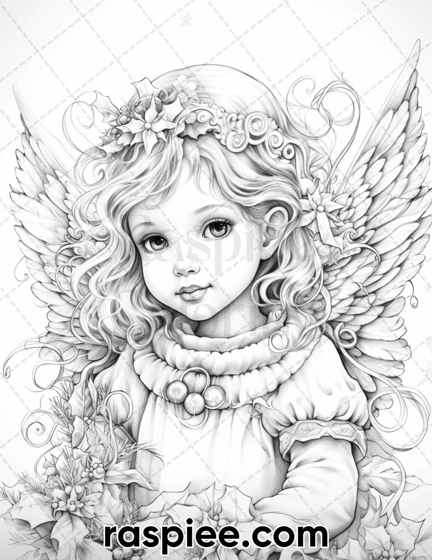 55 Christmas Angel Grayscale Coloring Pages for Adults, Printable PDF Instant Download