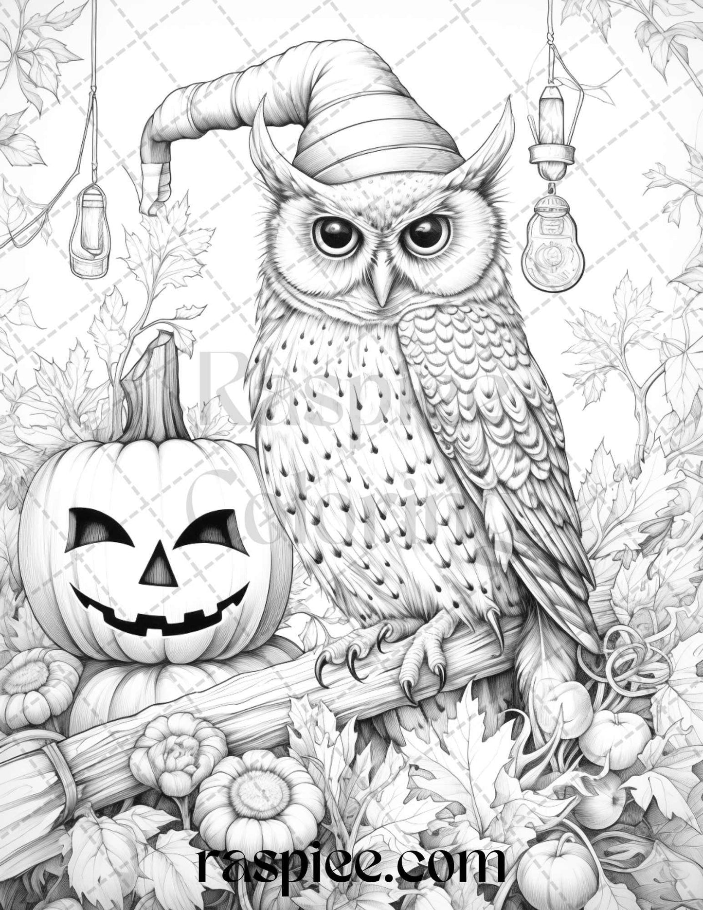 Halloween Witch Owl Grayscale Coloring Pages for Adults and Kids, Printable PDF Instant Download