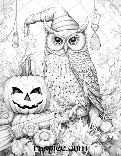 Halloween Witch Owl Grayscale Coloring Pages for Adults and Kids, Printable PDF Instant Download