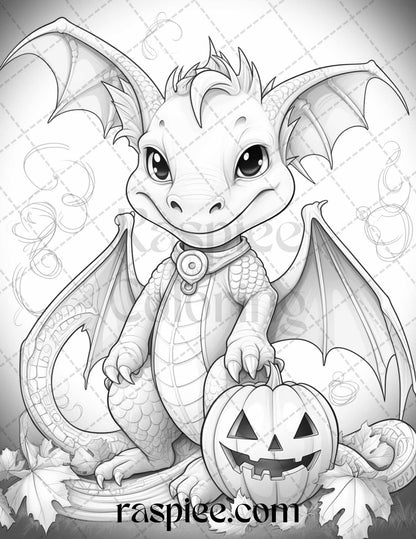 50 Cute Pumpkin Dragons Graycale Coloring Pages for Adults and Kids, Printable PDF File Instant Download
