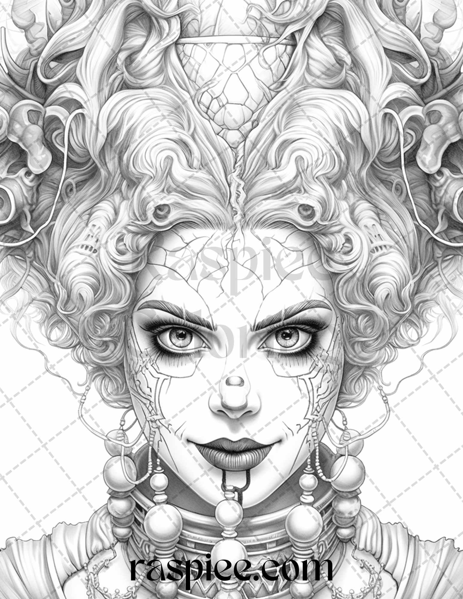 50 Scary Clown Girls Grayscale Coloring Pages Printable for Adults, PDF File Instant Download