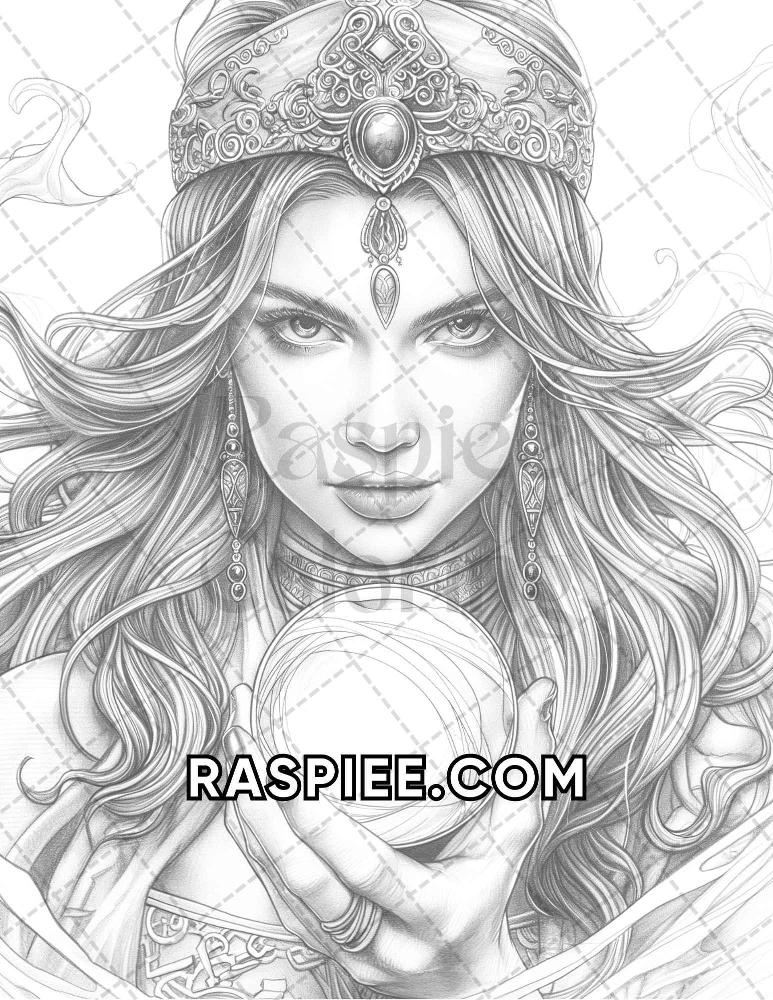60 Fantasy Beauties Grayscale Adult Coloring Pages Printable PDF Instant Download