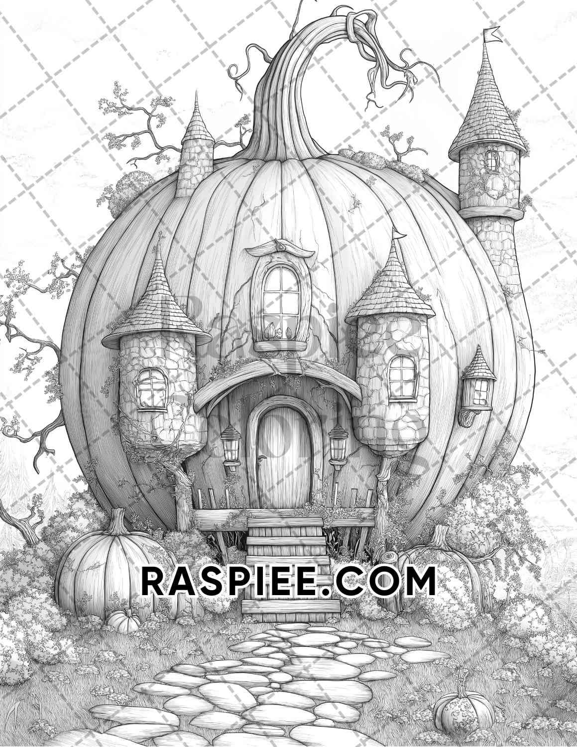 Fantasy Giant Pumpkin Castles Adult Coloring Pages Printable PDF Instant Download