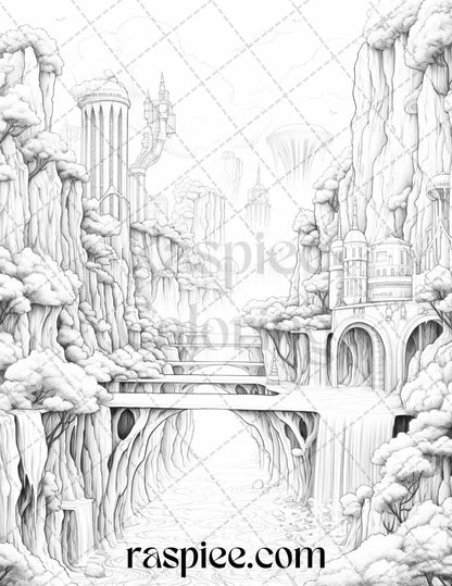 60 Enchanting Surrealism Grayscale Coloring Pages Printable for Adults, PDF File Instant Download