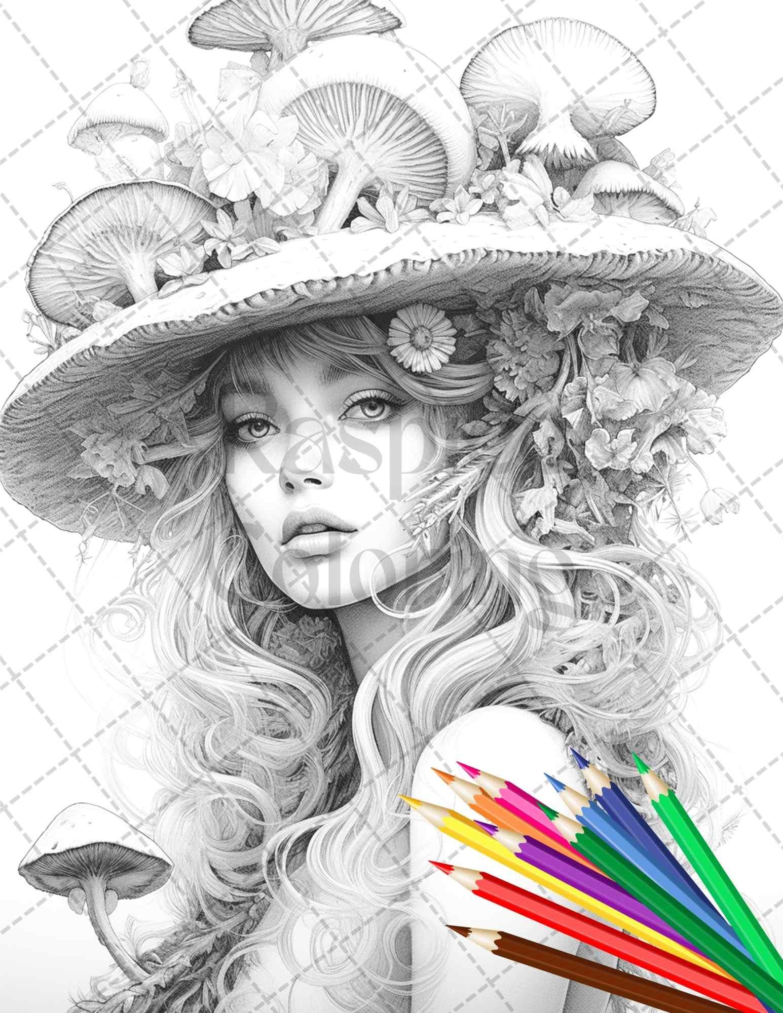 50 Mushroom Fairy Grayscale Coloring Pages Printable for Adults, PDF File Instant Download