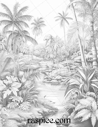52 Tropical Oasis Grayscale Coloring Pages Printable for Adults, PDF File Instant Download