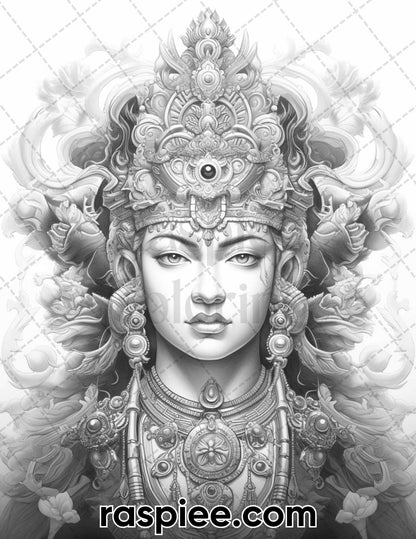52 Mythology Gods Grayscale Coloring Pages for Adults, Printable PDF Instant Download
