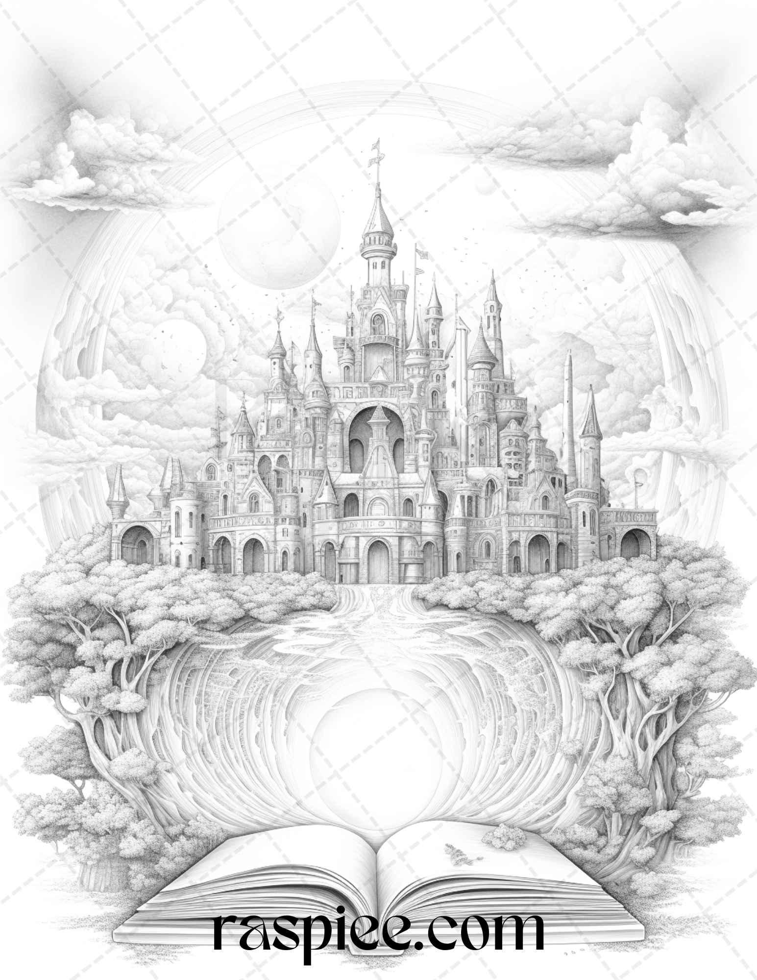 50 Magical Books Grayscale Coloring Pages Printable for Adults, PDF File Instant Download