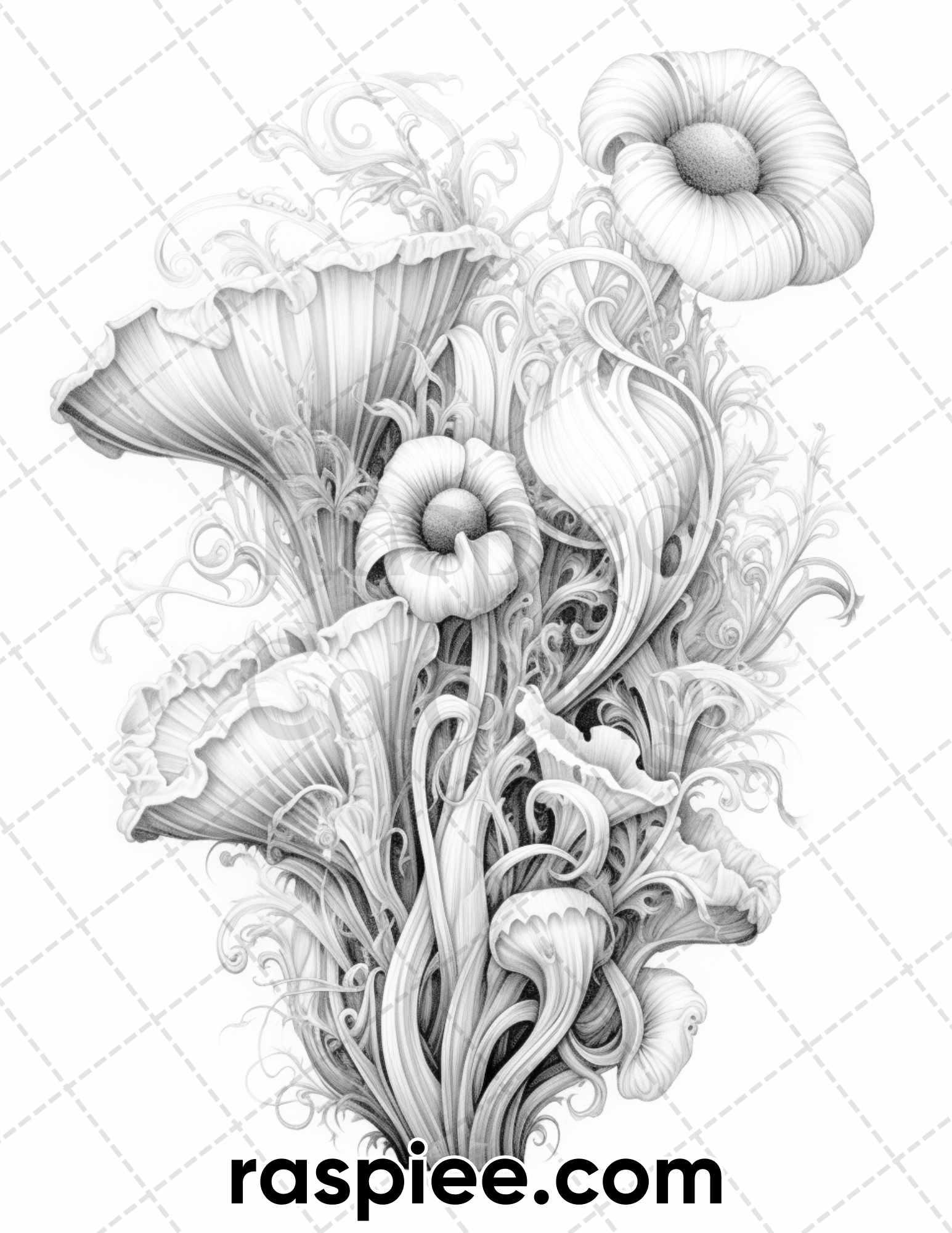 55 Fantasy Flowers Grayscale Coloring Pages for Adults, Printable PDF File Instant Download
