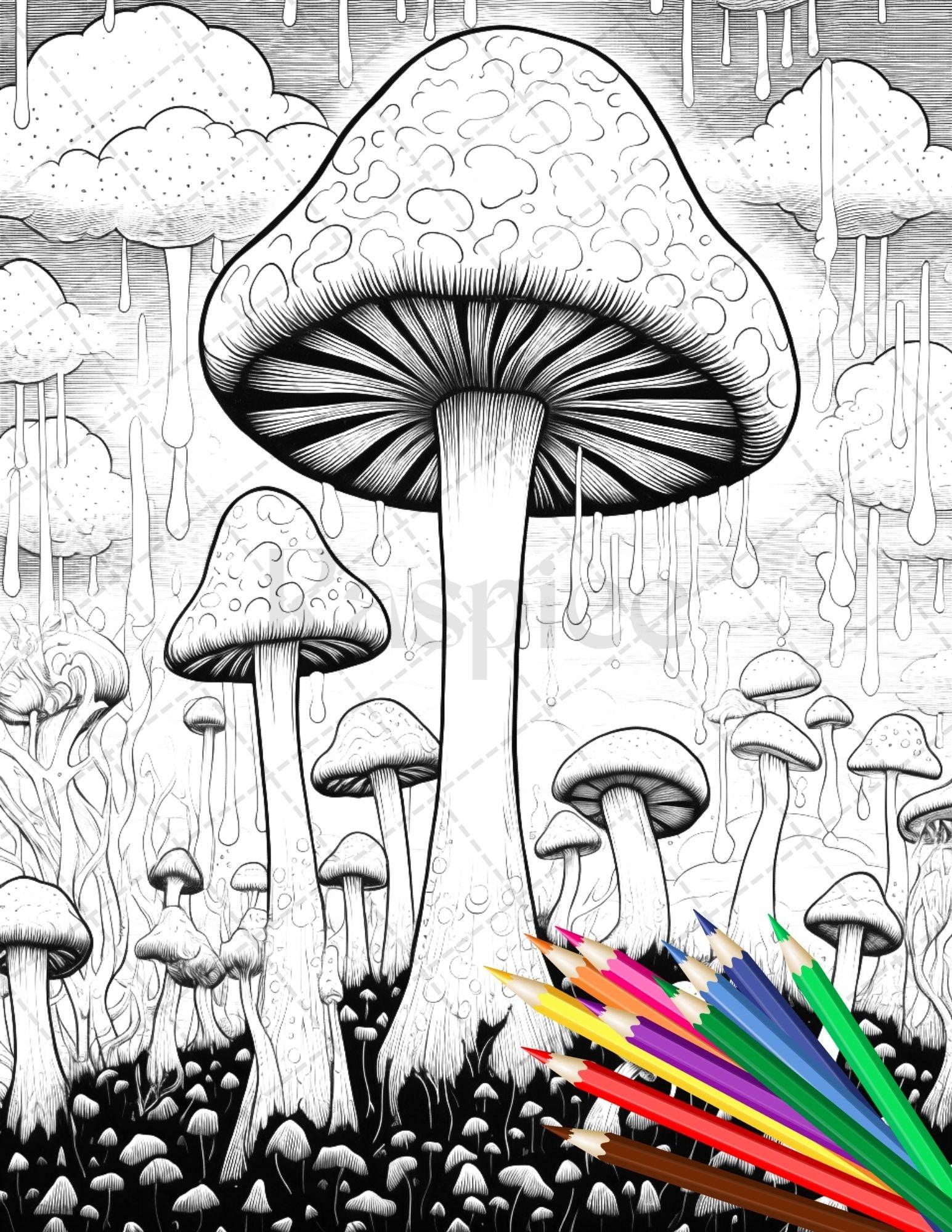 Psychedelic Mushroom Forest Coloring Book Printable for Adults, Trippy Grayscale Coloring Page, PDF File Instant Download