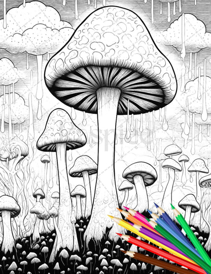 Psychedelic Mushroom Forest Coloring Book Printable for Adults, Trippy Grayscale Coloring Page, PDF File Instant Download