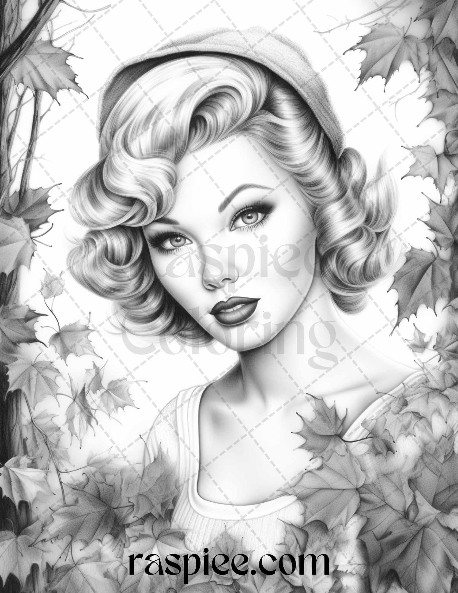 55 Autumn Pin Up Girls Grayscale Coloring Pages Printable for Adults, PDF File Instant Download