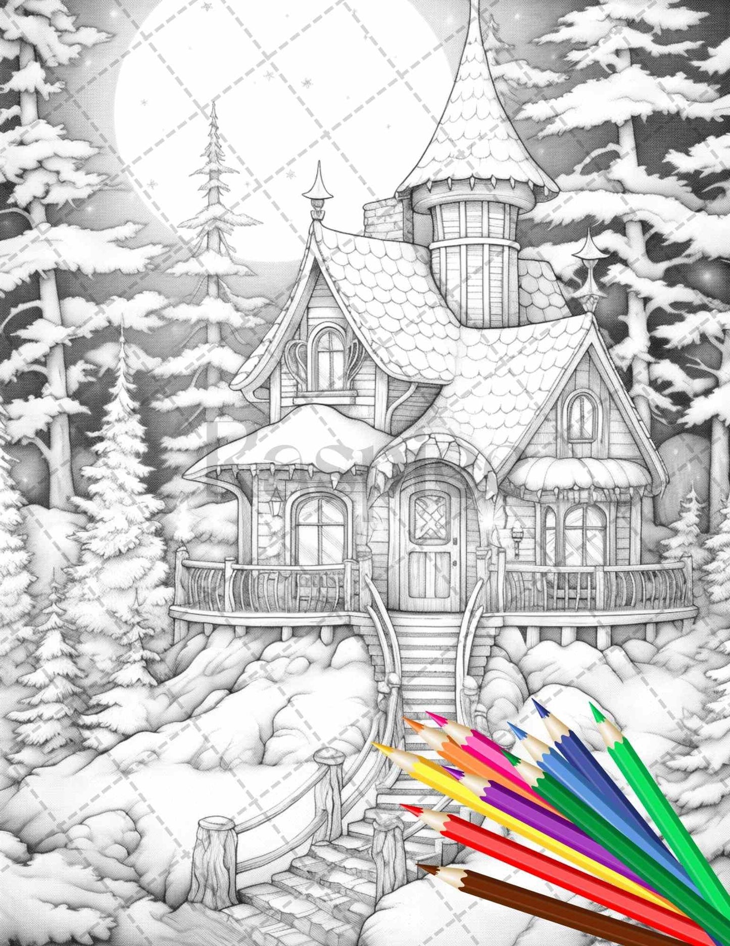 63 Winter Fairy Houses Grayscale Coloring Pages Printable for Adults, PDF File Instant Download