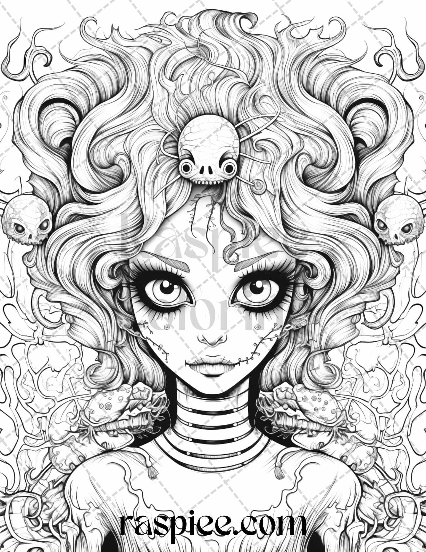 50 Spooky Miss Nightmare Grayscale Coloring Pages Printable for Adults, PDF File Instant Download