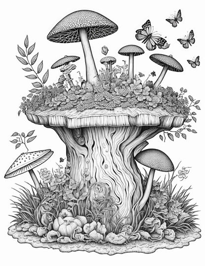 100 Mushroom Forest Coloring Pages Printable for Adults and Kids, Grayscale Coloring Book, Printable PDF File Instant Download