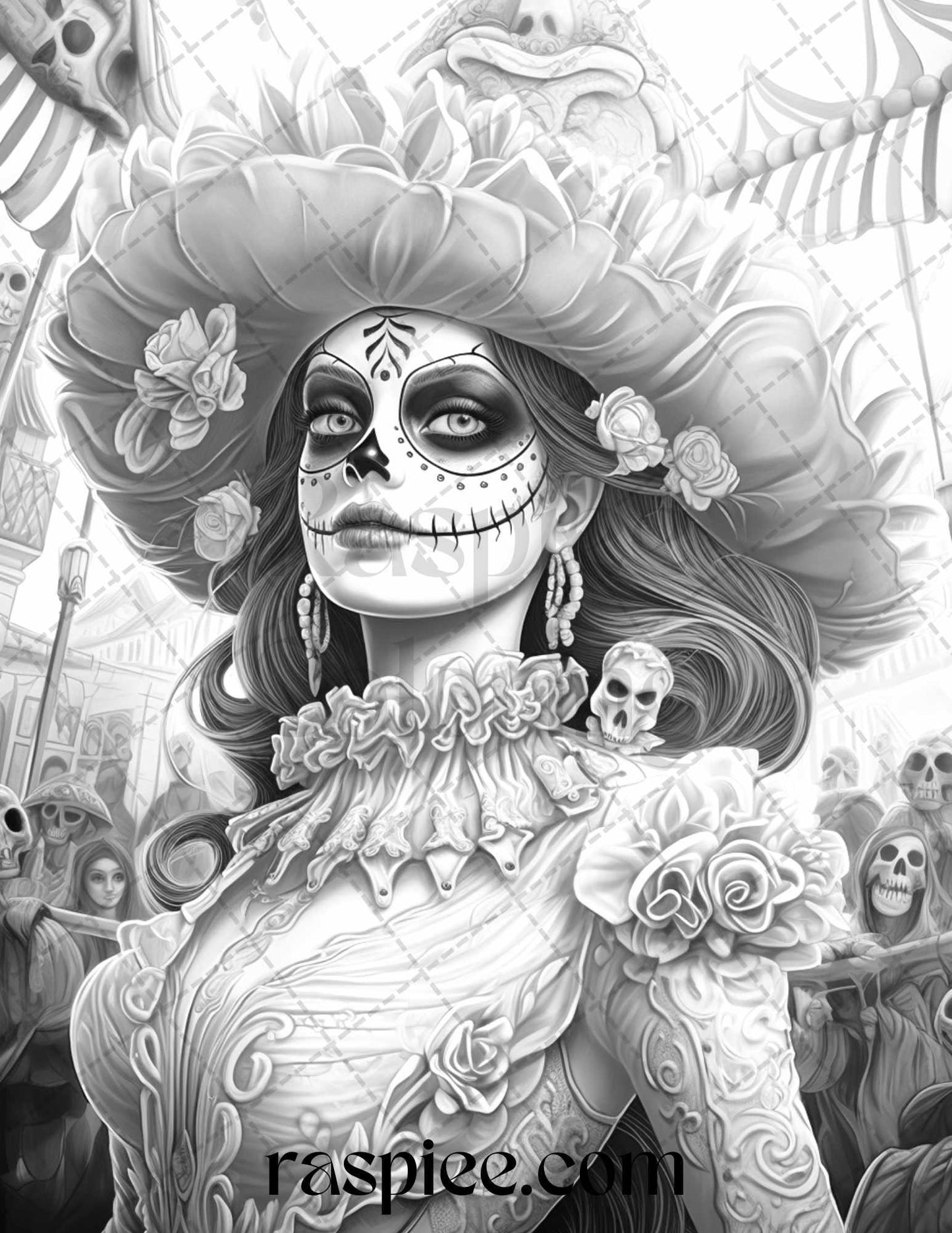 50 Day of the Dead Grayscale Coloring Pages Printable for Adults, PDF File Instant Download