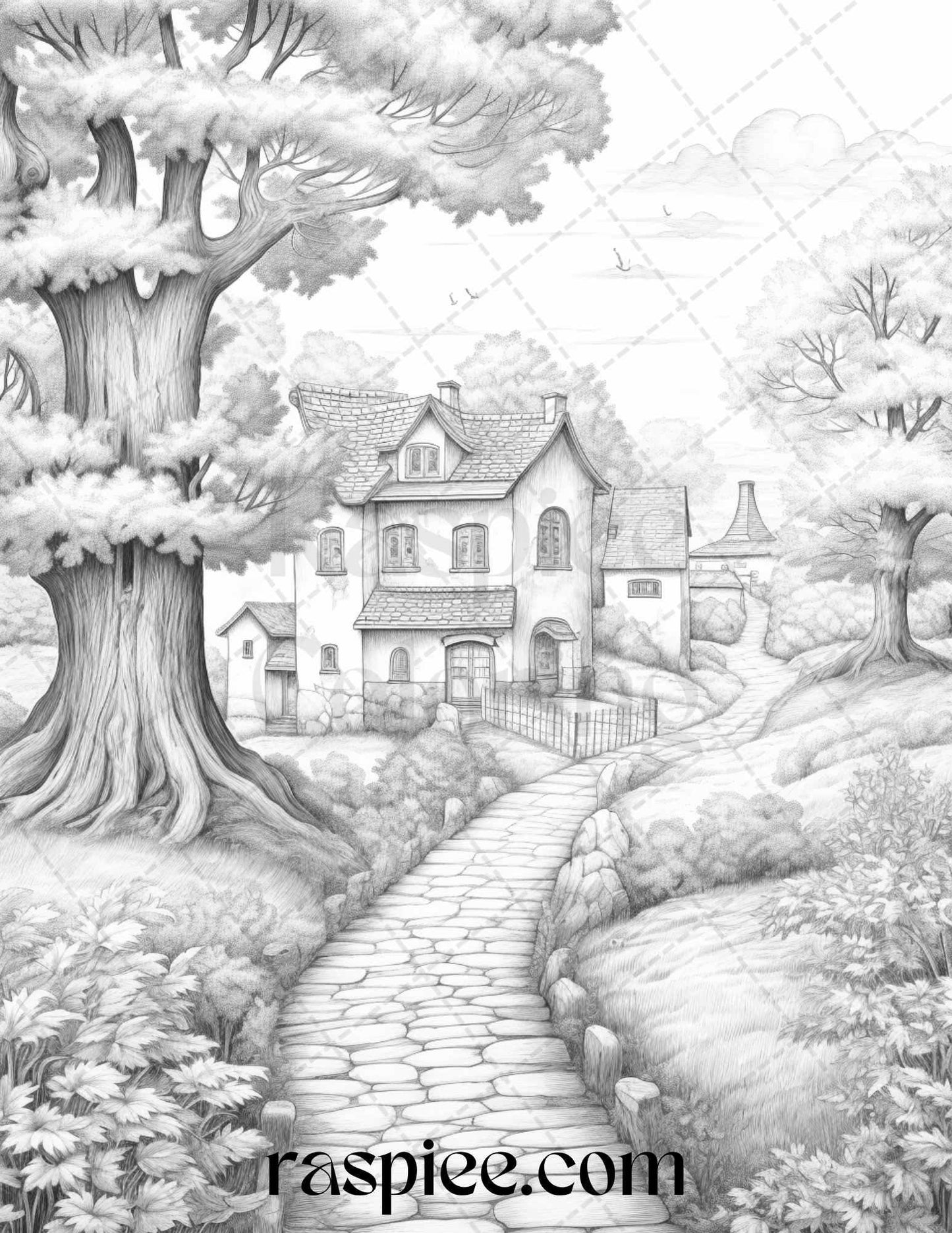 Autumn Scenery Grayscale Coloring Pages Printable for Adults, PDF File Instant Download