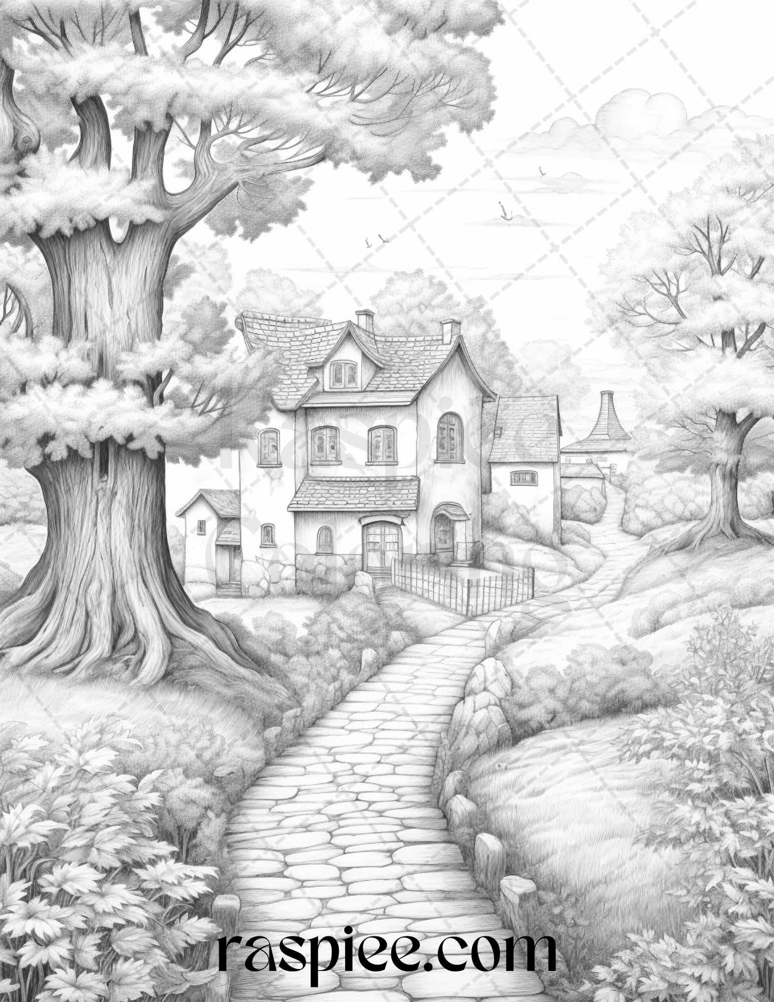 Autumn Scenery Grayscale Coloring Pages Printable for Adults, PDF File Instant Download